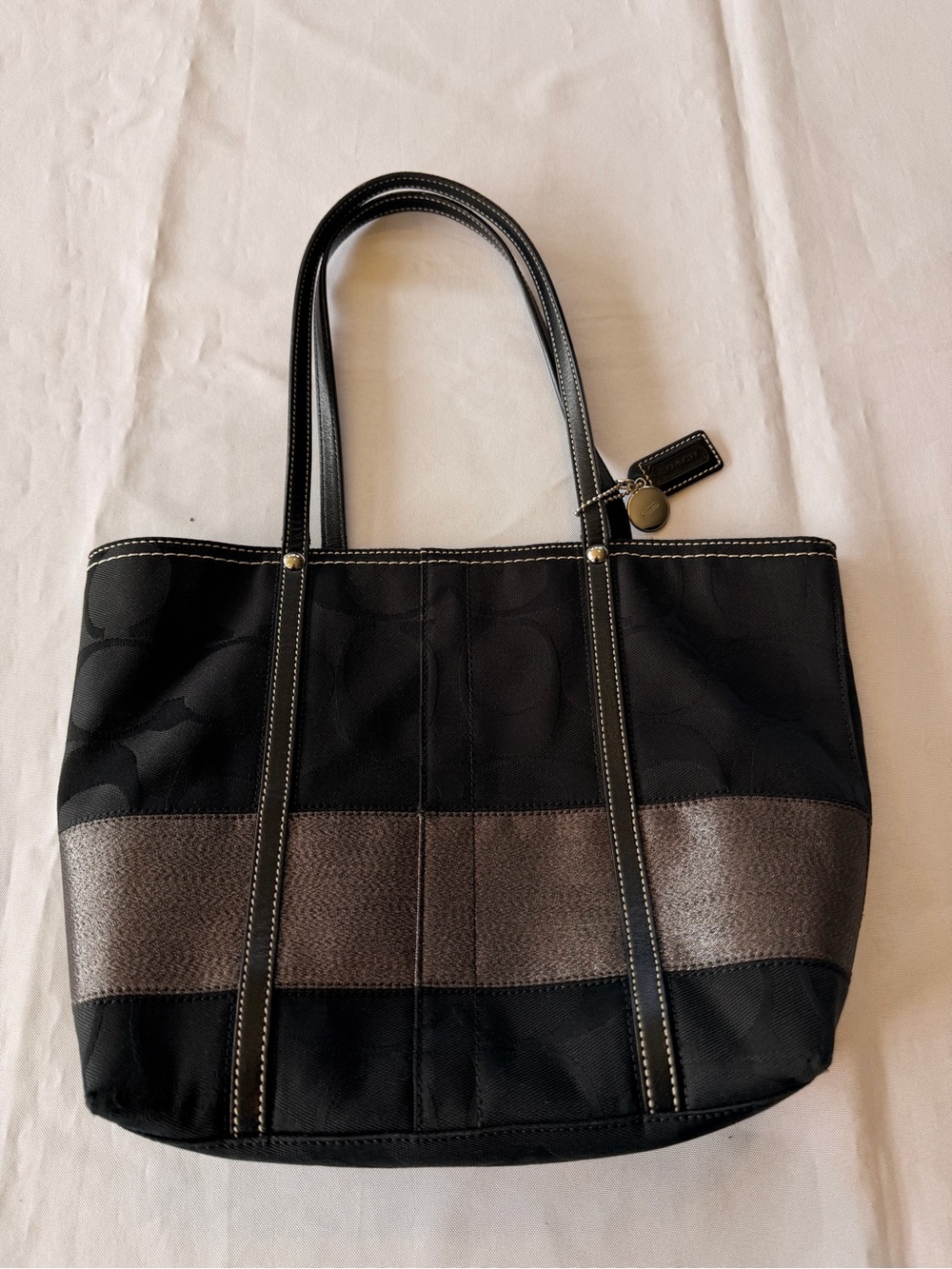 Coach Black Signature Metallic Silver Stripe Tote No 11098